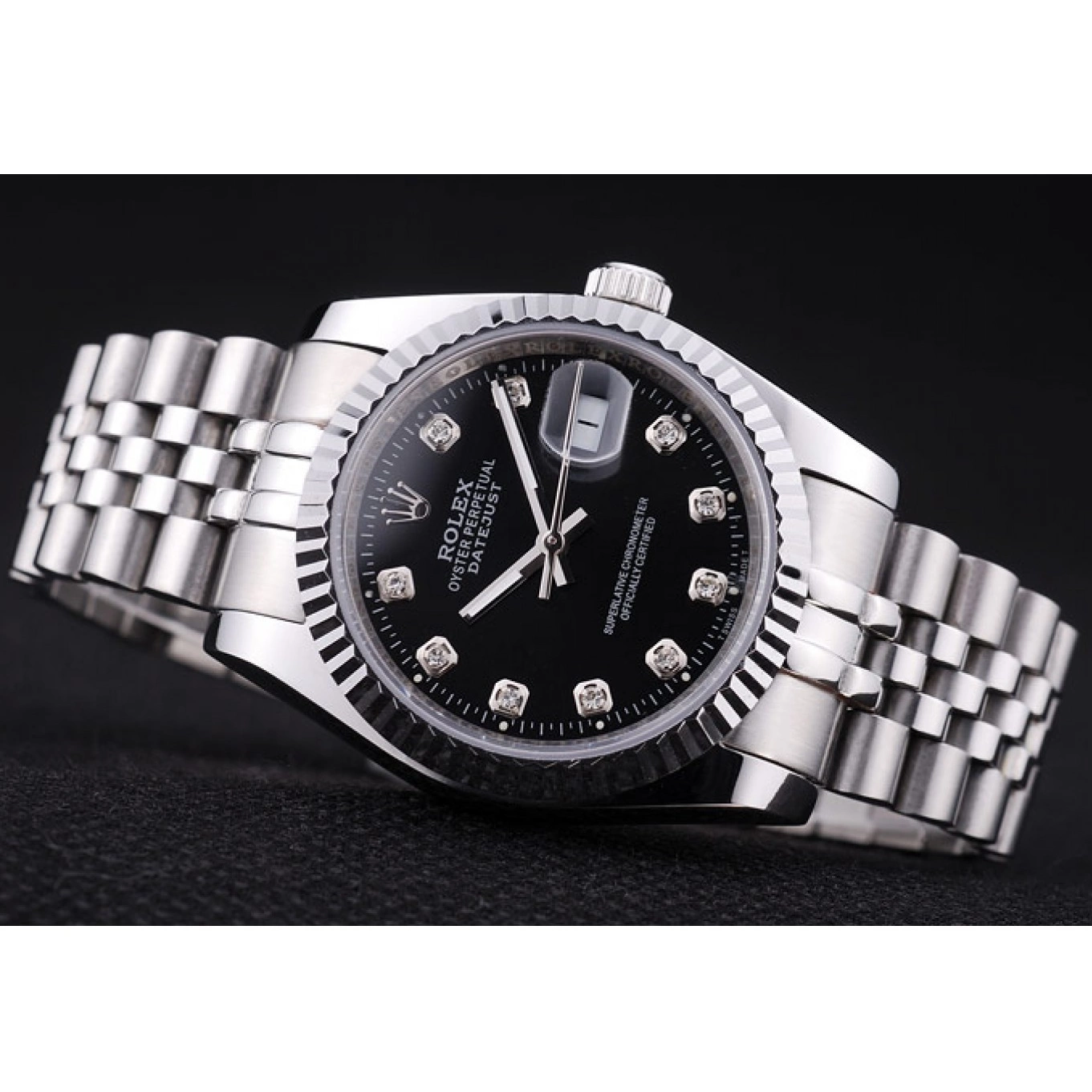 Aaa fake watches Diamonds Ribbed Black Rolex Dial 7458 Bezel Datejust 0630